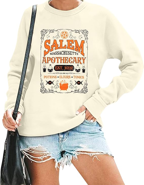 Photo 1 of ASHGL Halloween Salem Apothecary Sweatshirt Women Salem Witches 1692 Shirt Fall Oversized Crewneck Pullover Tops