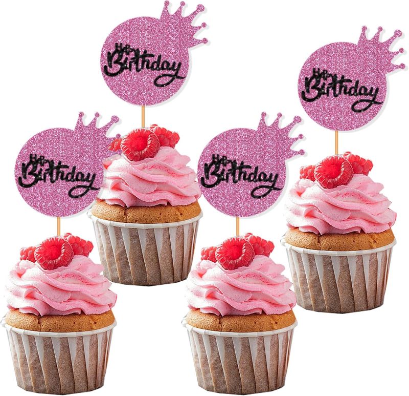 Photo 1 of (4 pack) Blopee Princess Cupcake Toppers, 24 pcs Crown Cupcake Toppers, Sweet Happy Birthday Cupcake Toppers for Bridal Baby Shower Girls Women Birthday Wedding Party Decorations