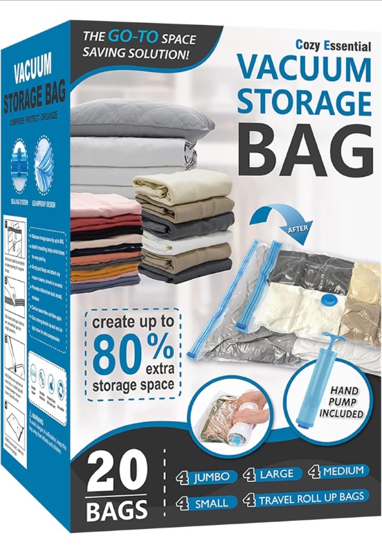 Photo 1 of 20 Pack Vacuum Storage Bags, Space Saver Bags (4 Jumbo/4 Large/4 Medium/4 Small/4 Roll) Compression for Comforters and Blankets, Sealer Clothes Storage, Hand Pump Included