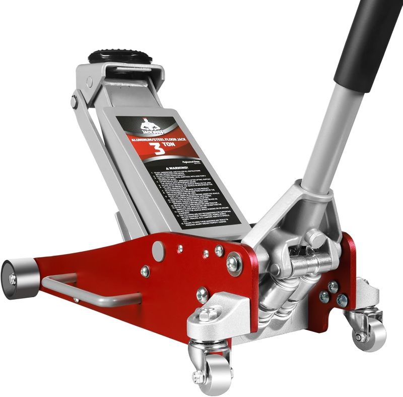 Photo 1 of 3 Ton Low Profile, Aluminum and Steel Racing Floor Jack with Dual Pistons Quick Lift Pump for Sport Utility Vehicle, Lifting Range 3-15/16" min to 18-5/16" max, Red