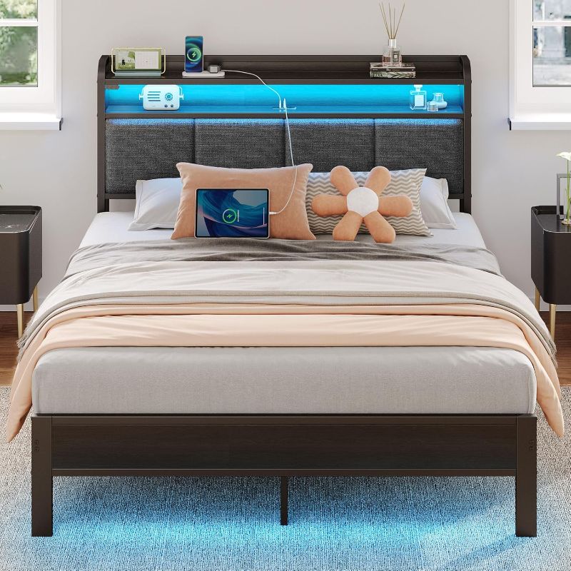 Photo 1 of Bed Frame Full Size with Charging Station and LED Lights, Upholstered Headboard with Storage Shelves, Heavy Duty Metal Slats, No Box Spring Need, Noise Free, Easy Assembly