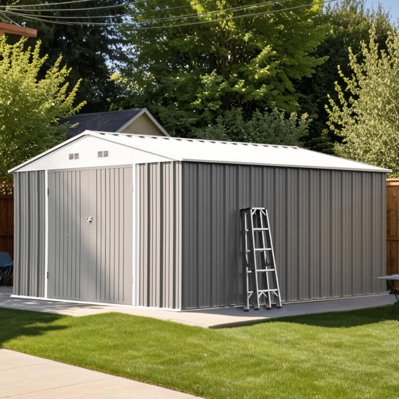 Photo 1 of 10x12 FT Metal Outdoor Storage Shed, All-Weather Garden Tool Shed with Lockable Door & Sloping Roof, for Backyard and Garden Patio, Grey