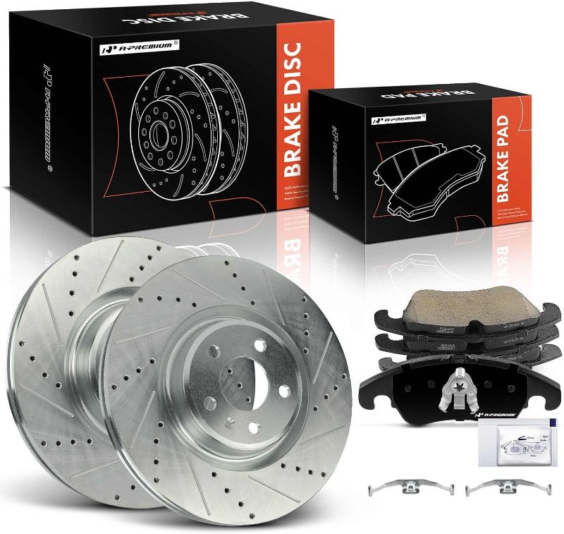 Photo 1 of A-Premium 13.58 in (345 mm) Front Drilled and Slotted Disc Brake Rotors + Ceramic Pads Kit Compatible with Select Audi Models - Q5 2013, A6 A6 Quattro 2014-2015, A7 Quattro 2013-2015, S4, S5, 6-PC Set