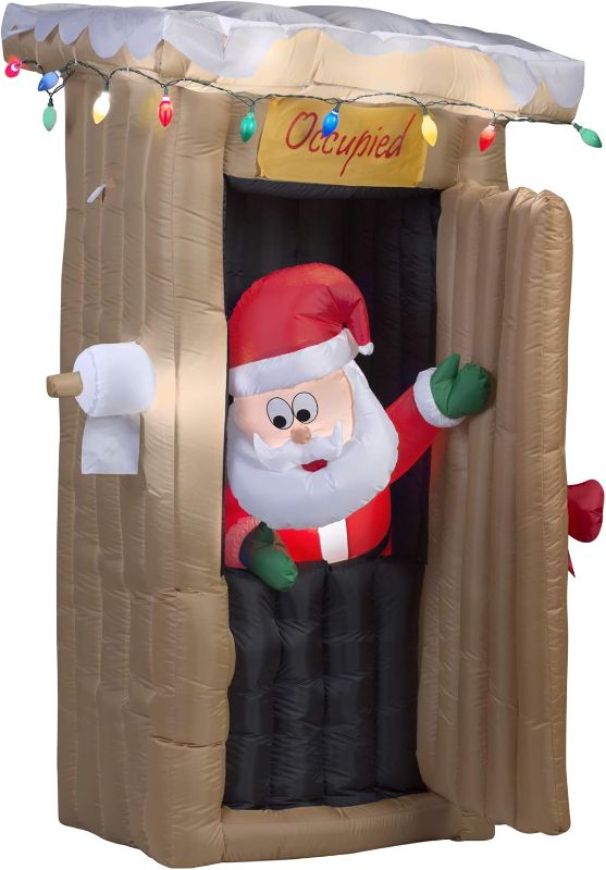 Photo 1 of Gemmy Christmas Inflatable 6 FT Tall Animated LED Lighted Outhouse Santa Outdoor Yard Prop ***Zipper by motor seam is ripped along with the blow up does not animate/move***