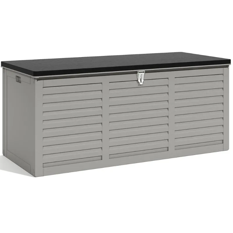 Photo 1 of 130 Gallon Resin Deck Box, Outdoor Lockable Storage Container for Patio Cushions, Garden Tools, Pool Supplies, Toys, Waterproof and UV Resistant, Reinforced Rib Design, Gray