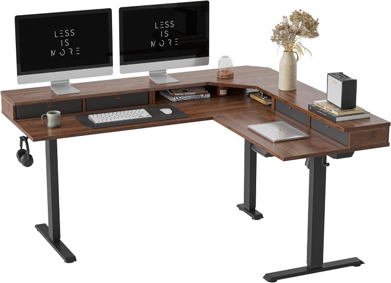 Photo 1 of FEZIBO 63" L Shaped Standing Desk with Drawers, Electric Adjustable Height Standing Gaming Desk L Shape, Black Walnut Top/Black Frame