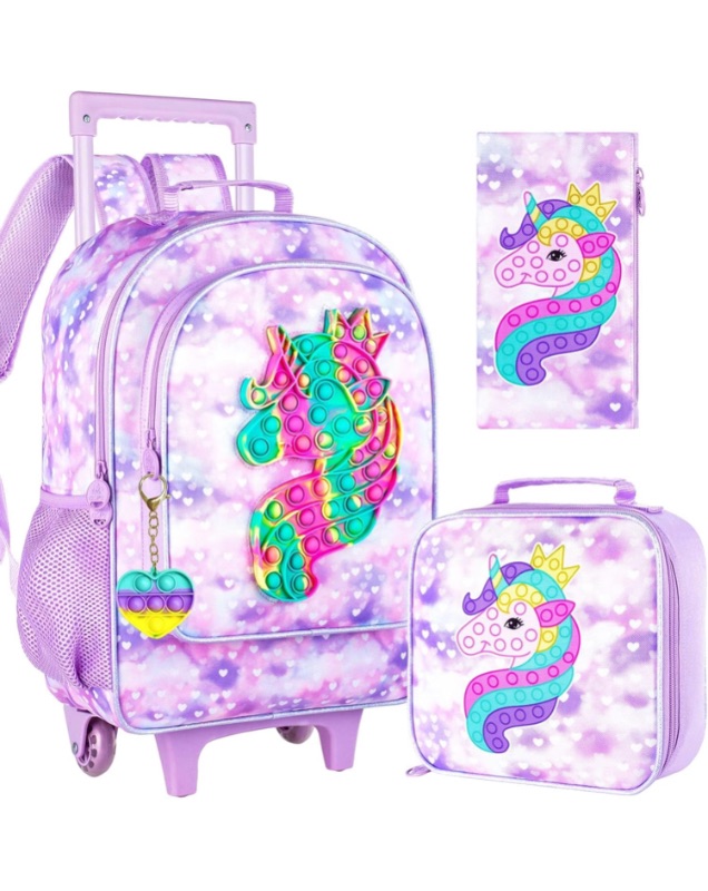 Photo 1 of AGSDON 3PCS Rolling Backpack for Girls, Kids Roller Wheels Bookbag, Wheeled School Bag with Lunch Bag - Unicorn Purple