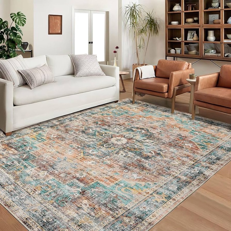 Photo 1 of Area Rug 10x13 Vintage Distressed Extra Large Rug Machine Washable Rug for Living Room, Non-Slip Stain Resistant Accent Rug Oriental Floor Cover Carpet for Bedroom, Teal/Brown