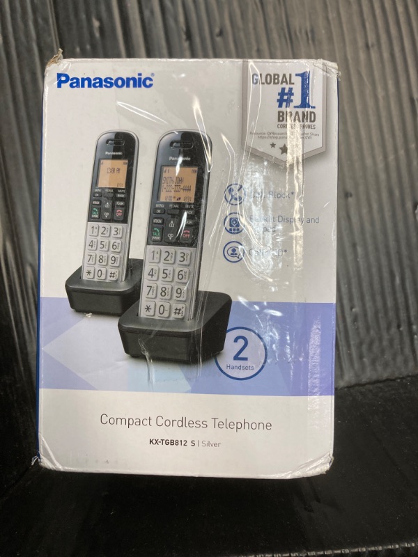 Photo 2 of ***MISSING BATTERIES*** Panasonic Compact Cordless Phone with DECT 6.0, 1.6" Amber LCD and Illuminated HS Keypad, Call Block, Caller ID, Multiple Display Languages - 2 Handset - KX-TGB812S (Black/Silver)