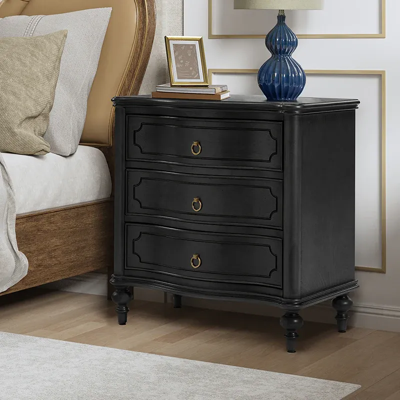 Photo 3 of *** HULALA HOME Wood Nightstand with Charging Station, 3 Drawer Traditional Nightstands, End Table with Solid Wood Legs for Bedroom, USB Ports & Three-Prong Plugs, Black