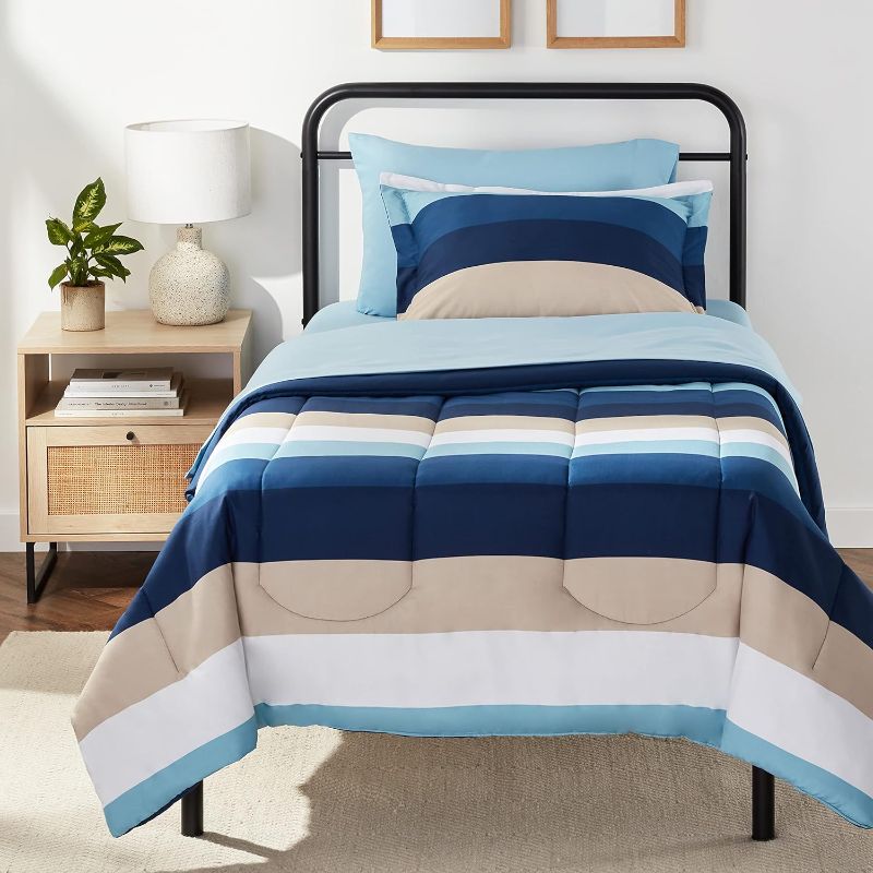 Photo 1 of Amazon Basics Twin XL Comforter Set with Sheets, 5-Piece Blue Stripe Bedding, Lightweight Microfiber Bed-in-a-Bag