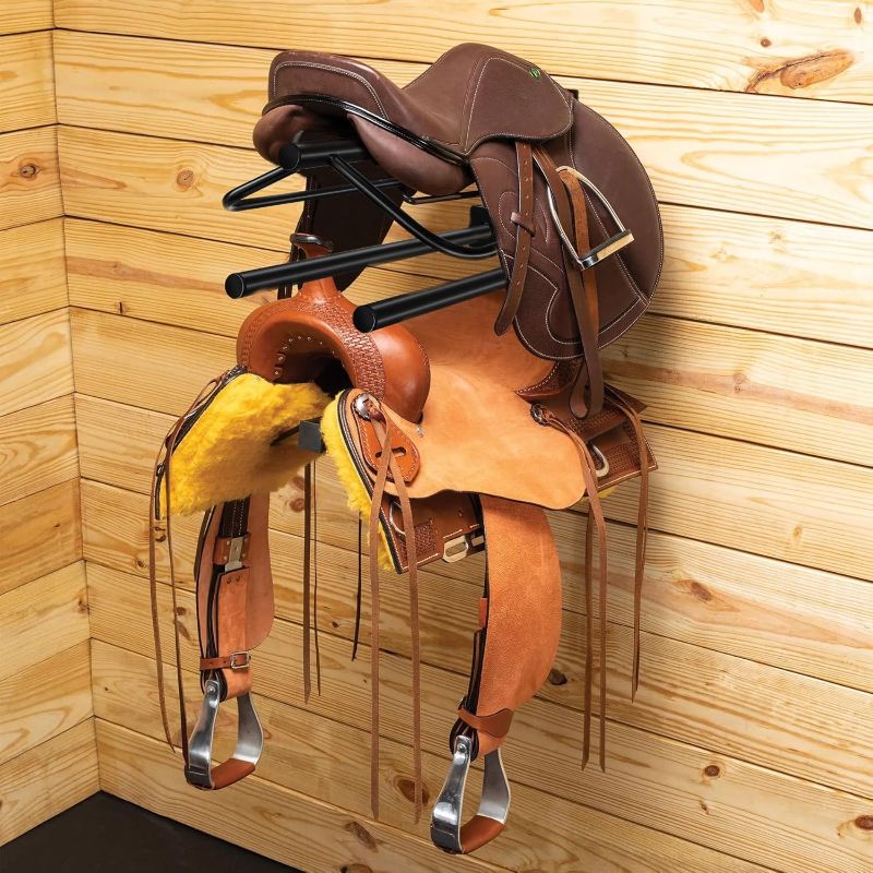 Photo 2 of 4 Pack Saddle Rack,Wall Mounted Saddle Rack Stand with Pad Bar,Heavy Duty Saddle Stand for English Western Saddles Horses Blanket