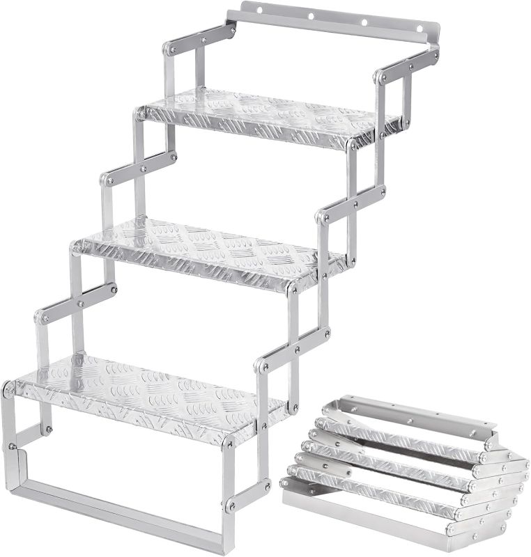 Photo 1 of Aluminum Scissor Stairs, 3 Steps Outdoor RV Step Ladder, 18" Wide Camper Stair Ladder with Anti-Slip Surface, Portable Stairs for Travel Trailer, Silver