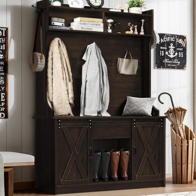 Photo 1 of ==similar==/different color==Itaar Hall Tree with Bench and Shoe Storage, 5-in-1 Entryway Bench with Coat Rack, 10 Shoe Cubbies & 9 Coat Hooks, Barn Door & Adjustable Shelf (Embossed black