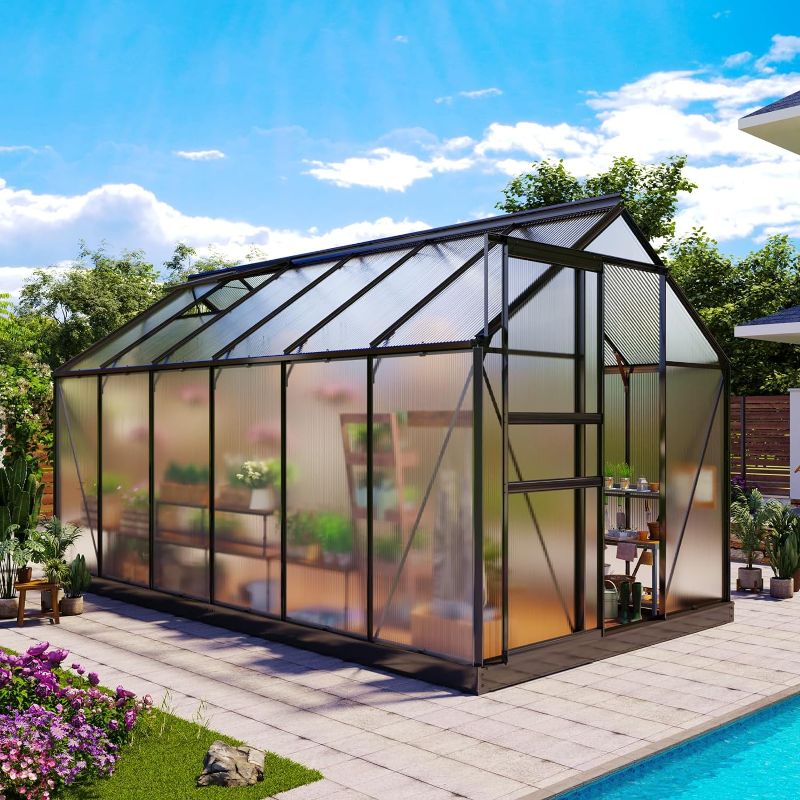 Photo 1 of 12x6ft Polycarbonate Greenhouse, Heavy Duty Walk-in Aluminum Greenhouse for Outdoors, with Ventilation Window, Sliding Door, Rain Gutter for Garden, Backyard