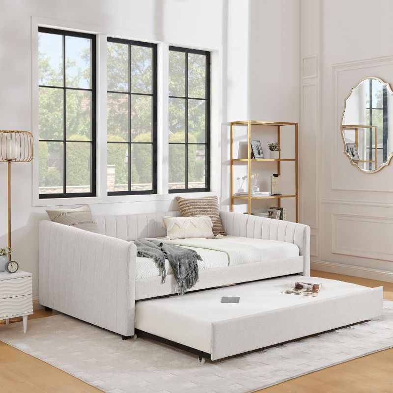 Photo 1 of ==similar==SLEERWAY Daybed with Trundle, Modern Linen Full Size Day Bed with Pull Out Trundle Bed, Upholstered Sofa Bed with Stripes, Furniture for Bedroom Living Room Guest Room, No Box Spring Needed, Beige