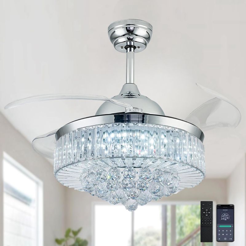 Photo 1 of  Ceiling Fan with Light, Retractable Chandelier Fan LED Dimmable Crystal Ceiling Fan for Bedroom Living Room Dining Room-Polished Chrome