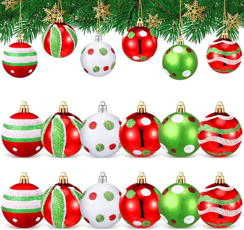 Photo 1 of 12 Pcs 2.4 Inch Christmas Ball Ornaments Red and Green Glittering Plastic Hanging Decorations Elf Balls Candy Cane Ornaments for Xmas Tree Decor(Cute)
