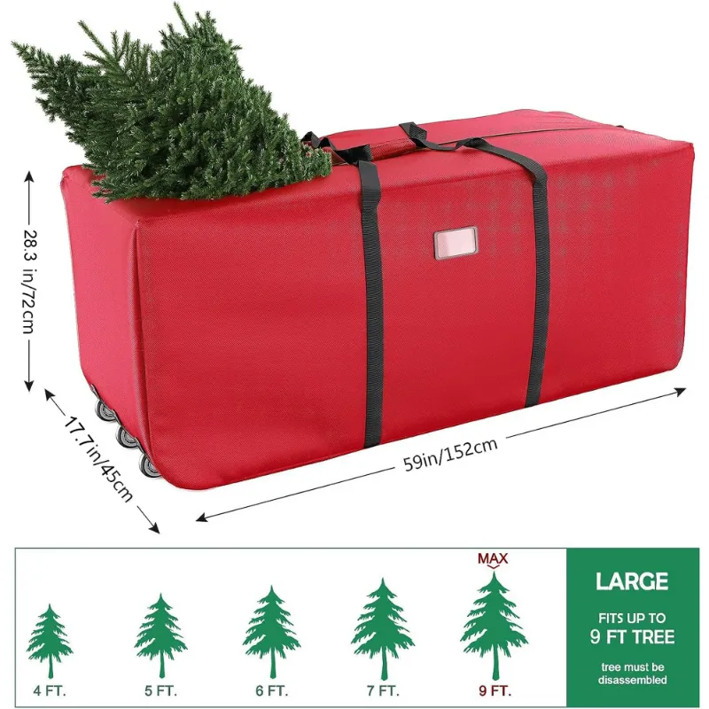 Photo 3 of 9ft Rolling Christmas Tree Storage Bag, Christmas Tree Storage Container with Wheels, 600D, Red