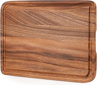 Photo 2 of Acacia Wood Cutting Board for Kitchen - Caperci Organic Wooden Chopping Serving Board with Deep Juice Groove for Meat (Butcher Block) Veggies, Fruit and Cheese, 17 x 12"