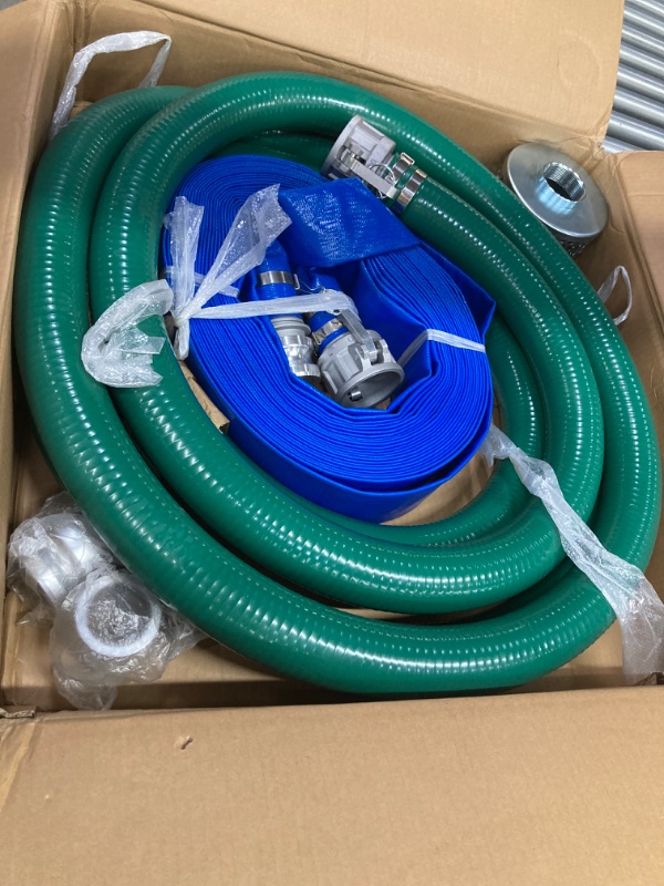 Photo 2 of 2 Inch Suction Hose Pump kit, Includes 2" x 65' Blue PVC Backwash Hose & 2" x 20' Green PVC Suction Hose & Steel Round Hole Suction Strainer & Cam and Groove Adapter,2" Suction Hose Kit for Water Pump