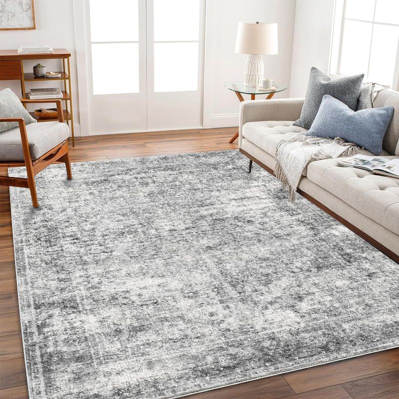 Photo 1 of Area Rug 8x10 Washable Rug Gray Vintage Rug Traditional Mat Distressed Indoor Foldable Thin Rug Retro Accent Rug Floral Print Rug Non Slip Carpet Living Room Dining Room Office