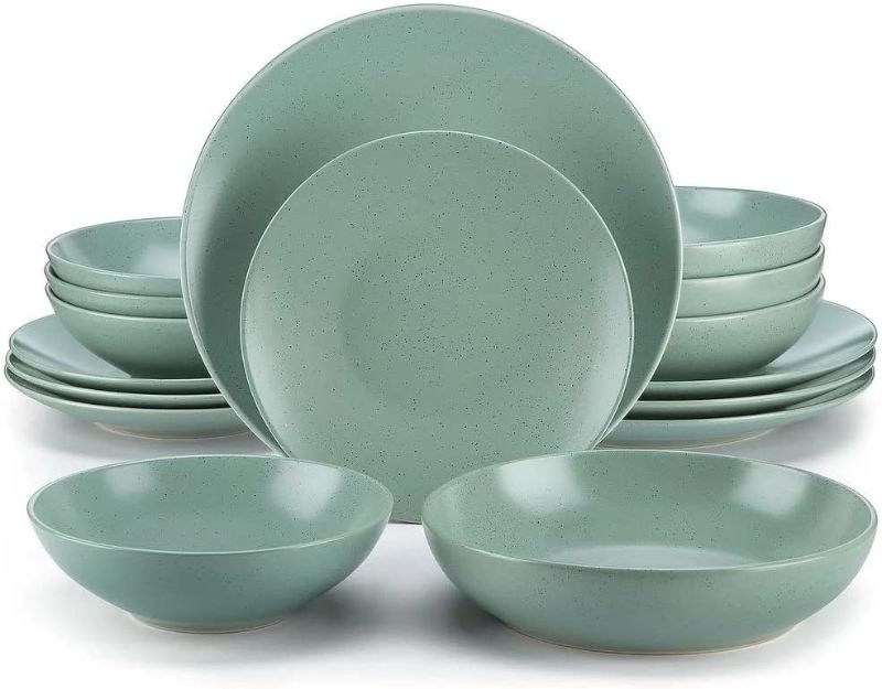 Photo 1 of ***CHECK NOTES***Stackable 16 Pieces Elegant Round Shaped Stoneware Dinnerware Set | Semi-Matte Speckled Glaze Finish Turquoise Blue Color | Highly Durable Dishwasher & Oven Safe Pretty Smooth Textured | Stylish Look