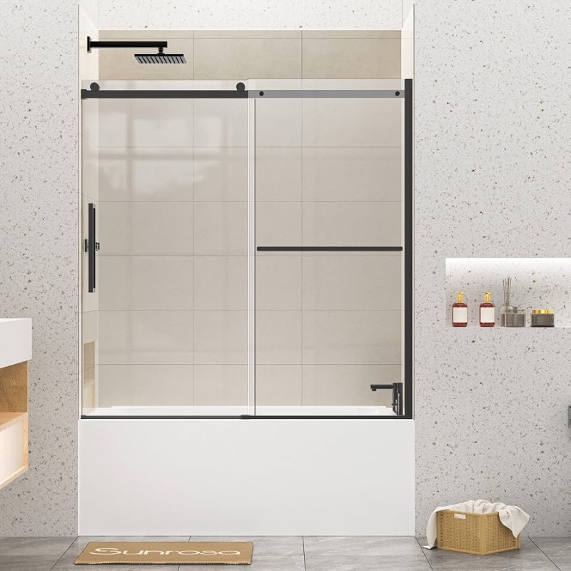 Photo 1 of Bathtub Shower Doors 60"×60", Single Sliding Bathtub Door, Bath Tub Shower Door with Tempered Glass, Shower Glass Door for Bathtub in Matte Black(**See Comments**)