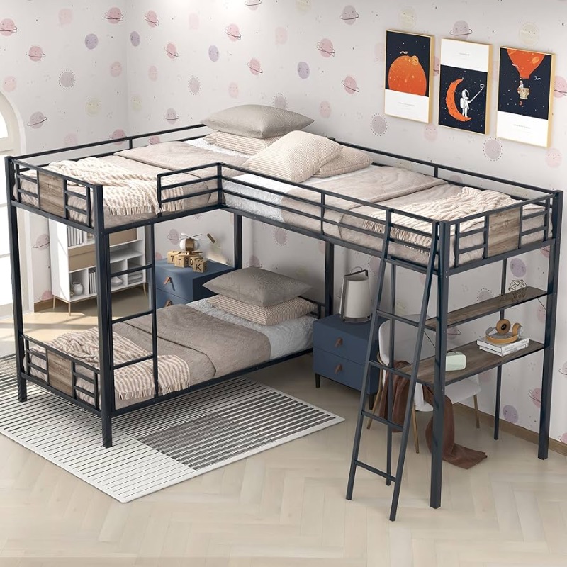 Photo 1 of ****MISSING BOX 1 OF 2****Metal Triple Bunk Bed with Desk and Shelf, L-Shaped Bunk Bed for 3 Kids Teens Adults, Twin Over Twin Bunk Bed with a Twin Size Loft Bed Attached – Brown