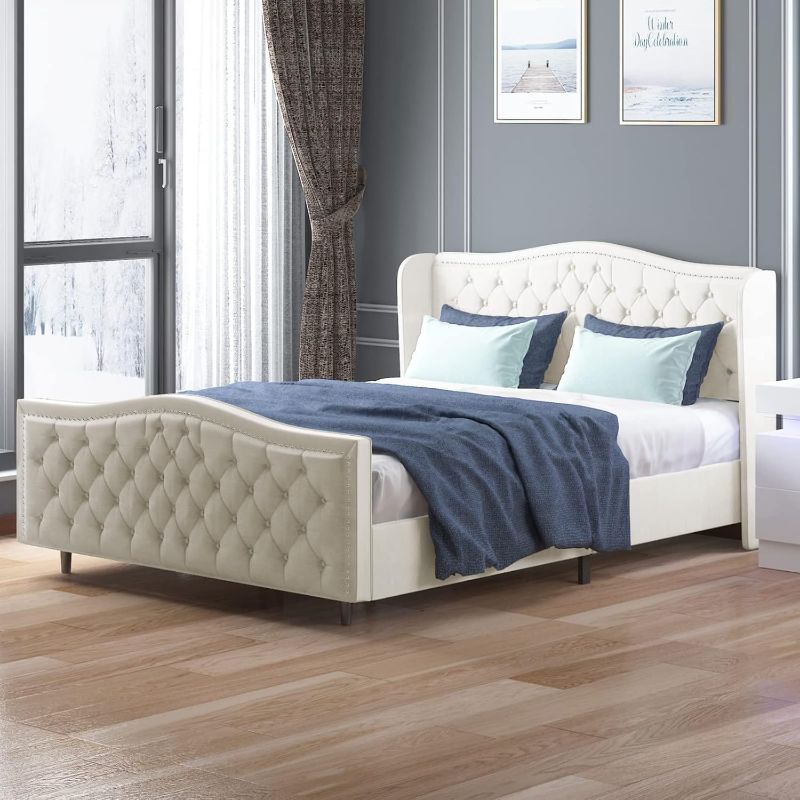 Photo 1 of ==similar==King Wingback Tufted Hand-Applied Nail Heads Bed Frame Upholstered Shelter Headboard King Size Frame with Footboard, Dutch Velvet, Wood Slats Support ,No Box Spring Needed, Bright White, (21043-K)