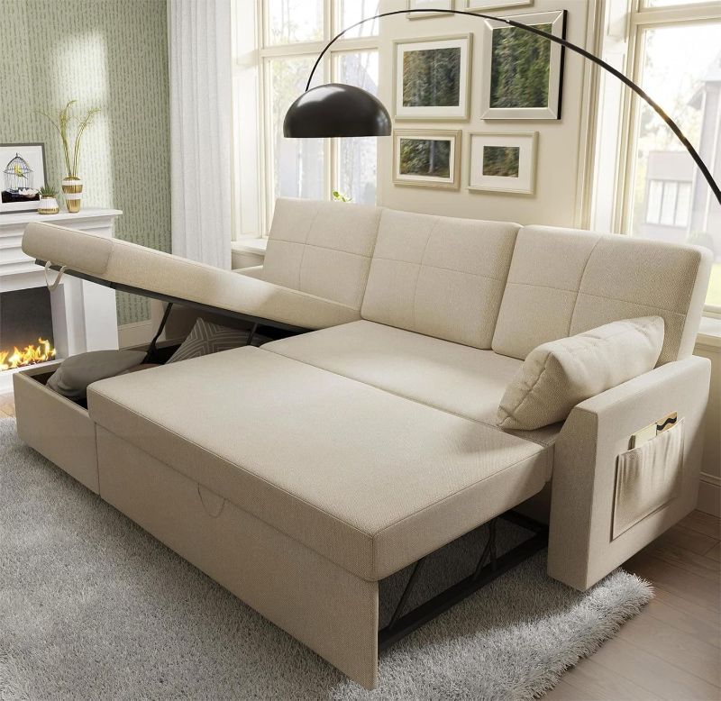 Photo 1 of ==similar / its dirty==Sofa Bed, Sofa Sleeper with Storage Chaise, Sofa Couch with Pull Out Bed, Oversized Sofas for Living Room-Beige Linen