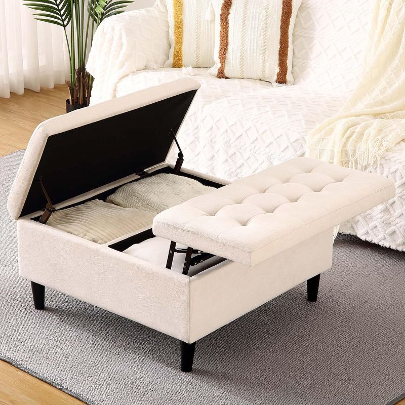 Photo 1 of ==similar=Large Square Ottoman with Storage, Lift Top Coffee Table Upholstered Tufted Velvet Oversized Storage Footrest Ottomans Toy Box for Living Room, Beige (Beige)