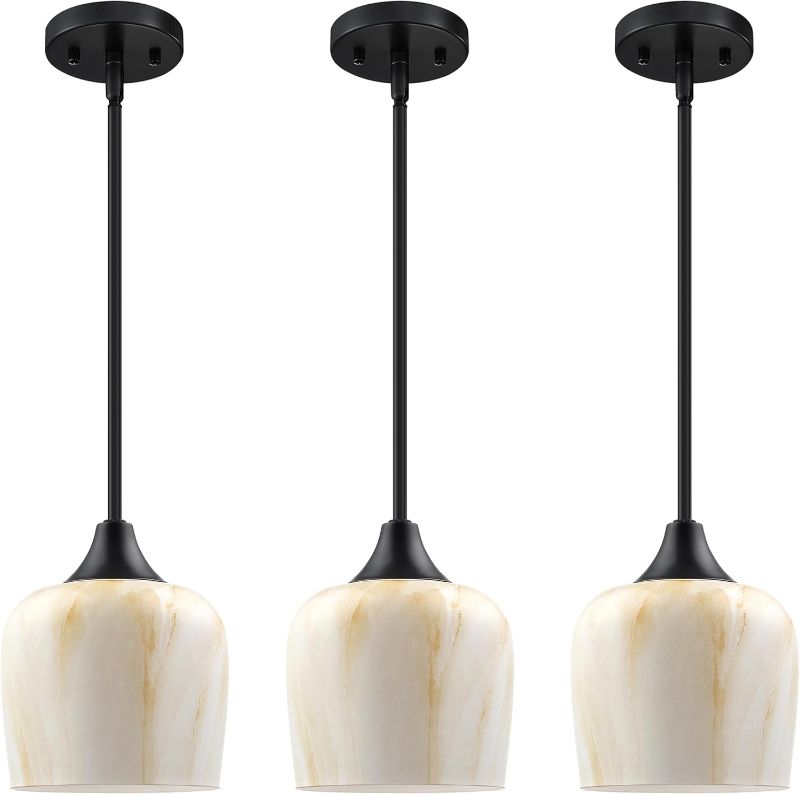 Photo 1 of 3 Pack 1 Light Indoor Hanging Kitchen Island 6.1" Alabaster Glass Pendant Light Fixtures,Black Finish Modern Farmhouse Dinning Over Sink