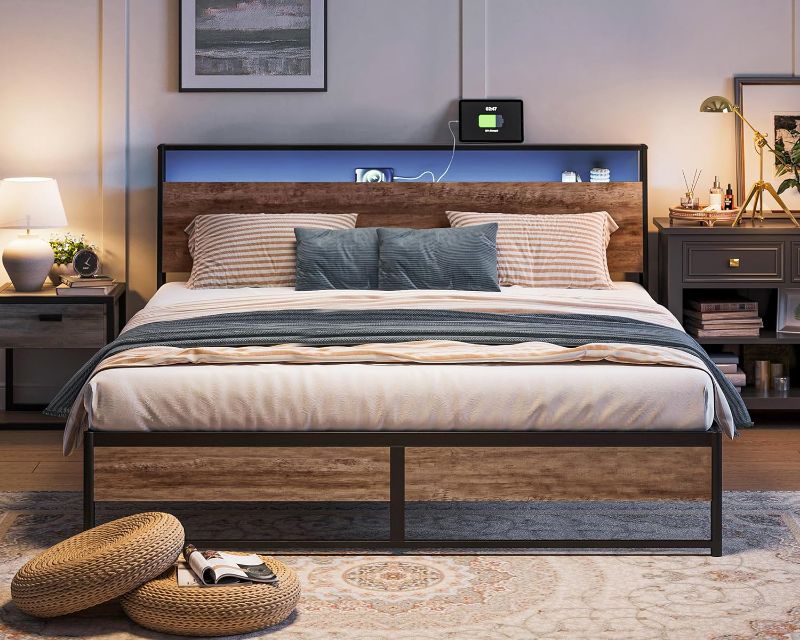 Photo 1 of ==similar==LINSY King Size Bed Frame, Ergonomic Storage Headboard with Charging Station& LED Lights, Fast Assembly King Bed Frame, Noise Free, No Box Spring Needed, Rustic Brown