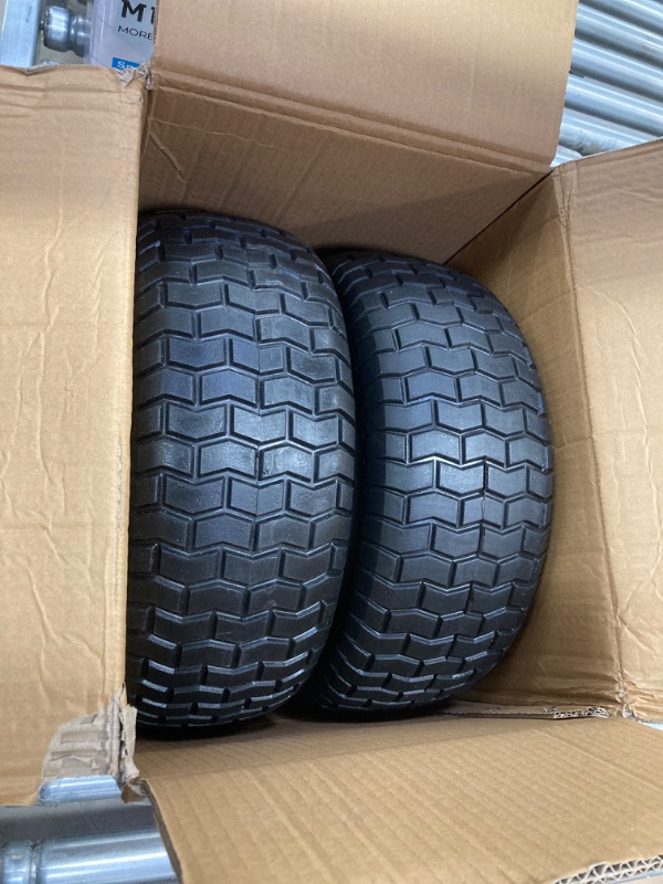 Photo 3 of 16x6.50-8" Lawn Mower Tires with Rim, Flat Free Tractor Turf Tire with 3/4" Iron Bushing,3" Centered Hub for Riding Lawn Mower, Garden Trailer,Lawn Tractor (16x6.50-8-Flat with Rim)