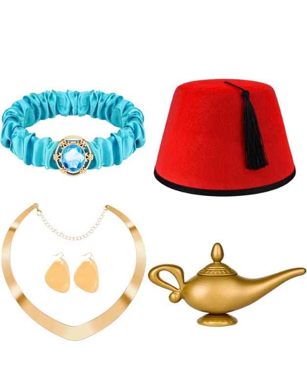 Photo 1 of 6Pcs Arabian Princess and Arabian Prince Costume Accessories Set Include Blue Headband Necklace Earrings Fez Hat Lamp and Monkey Toy for Halloween Cosplay Costume Couples Arabian Party Dress Up