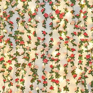 Photo 1 of BLEUM CADE 2Pcs 16.4Ft Flower Garland Artificial Rose Vines with 16.4Ft String Lights, Cute Fake Hanging Flower Vines Floral Garland Decorations for Wedding Party Wall Room Decor Aesthetic