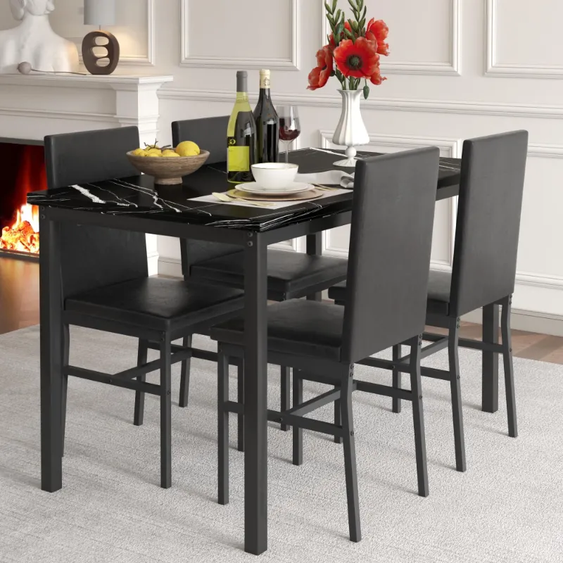 Photo 1 of 5 Piece Dining Table Set, Modern Faux Marble Tabletop and 4 PU Leather Upholstered Chairs, Rectangle Kitchen Table and Chairs for 4 Persons, Small Dining Set for Bar Dining Room Breakfast Nook