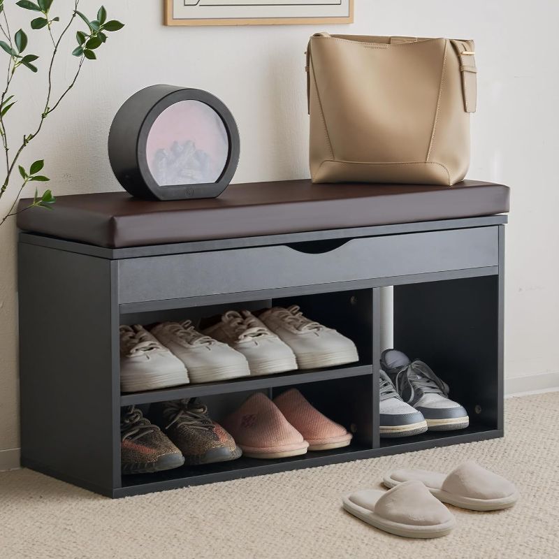 Photo 1 of Apicizon Storage Bench, Shoe Bench with Flip Top Storage Space and Padded Cushion, Wooden Bench with Storage for Entryway, Living Room, 2-Tier Shoe Rack Organizer, White