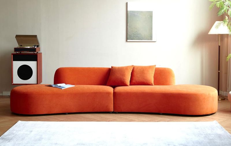 Photo 1 of 132" Curved Sofa with Throw Pillows, 6 Seater Luxury Velvet Couch with Half Moon Design and High-Density Foam, Ideal for Modern Living Room, Office and Apartment, Red Orange