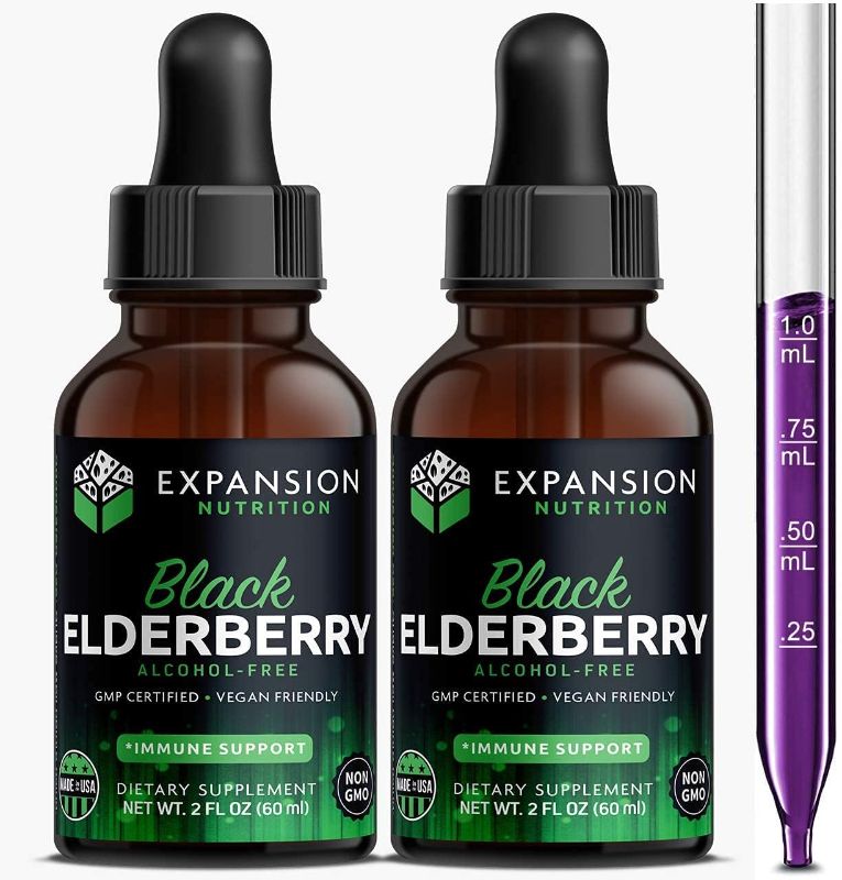 Photo 1 of (2 Pack) Elderberry Drops Organic Liquid Extract for Adults - Daily Immune Support Booster 10x Strength Concentrate Syrup - Vegan Sambucus Nigra Antioxidant Drops (Berry Flavor) (120 Servings)