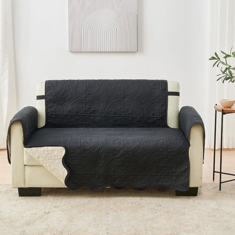 Photo 1 of 
Great Bay Home Reversible Loveseat Cover - Washable Slipcover Furniture Protector with Elastic Straps - Couch Cover for Dogs, Kids, and Pets - Quilted & Stitched Detail (Loveseat, Black/Taupe)