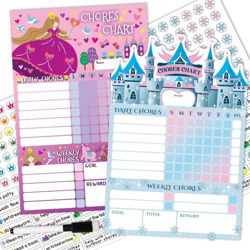 Photo 1 of 
2 Packs Princess and Castle Magnetic Chores Chart for Kids Multiple Kids with 52 Static Tasks, 126 Rewards Stickers, One Week Dry Erase Chore Chart for School or Housework, Reward Chart for Kids