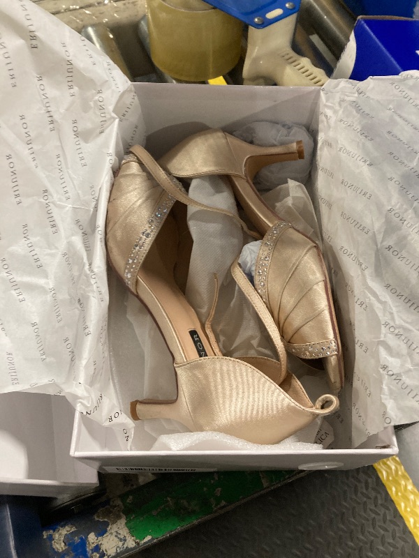 Photo 1 of ERIJUNOR E8805C Women Comfort Low Heel Ankle Strap Rhinestones Pleat Satin Wedding Evening Dress Dance Shoes Champagne Size 7