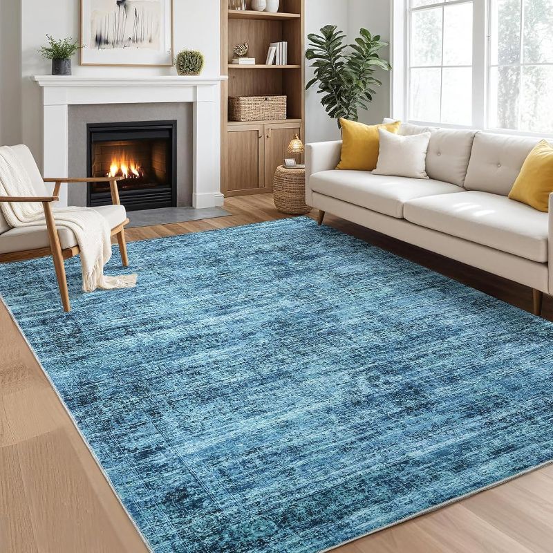 Photo 1 of 
 *** SIMILAR ***  Living Room Rug Washable, Soft Vintage Distressed Large Area Rugs for Bedroom Retro Abstract Indoor Floor Carpet, Thin Non-Slip Farmhouse Rugs for Living Room Dining Room, Blue Multi