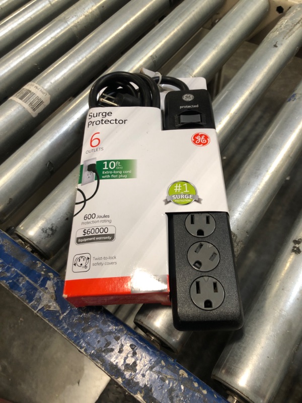 Photo 1 of GE 6-Outlet Surge Protector, 10 Ft Extension Cord, Power Strip, 600 Joules, Twist-to-Close Safety Covers, Protected Indicator Light, UL Listed, Black, 37442