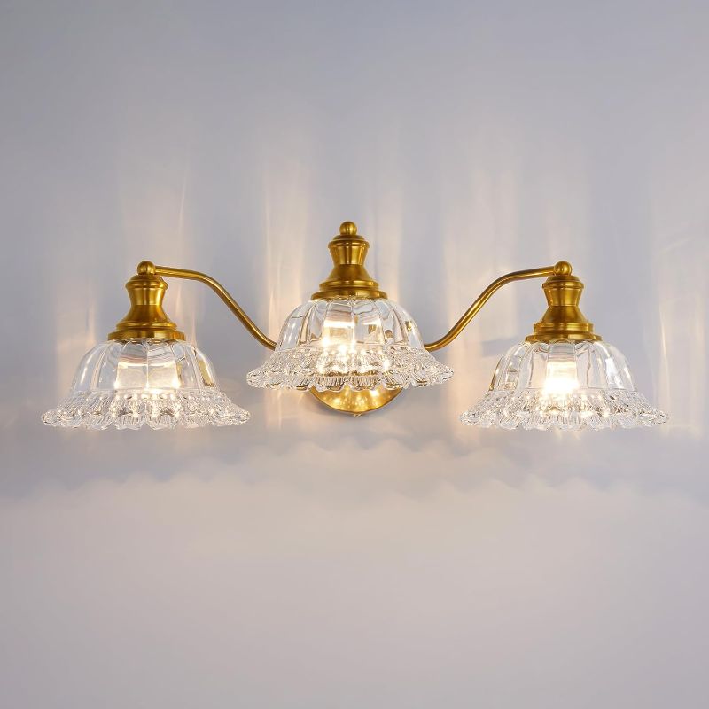Photo 1 of 3 Lights Bathroom Light Fixtures, Vintage Vanity Lights, Matte Antique Brass Vanity Light with Crystal Glass Shade, Bathroom Lighting Fixtures Over Mirror, Farmhouse Vanity Lights for Bathroom