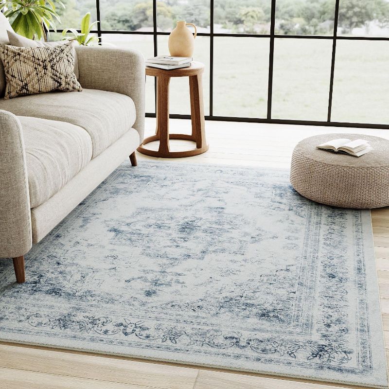 Photo 1 of Blue Area Rug 3x5 Office Entryway Rug Machine Washable Kitchen Vintage Distressed Non Slip Carpet Indoor Retro Floral Accent Throw Door Mat for Bathroom Bedroom Dining Living Room