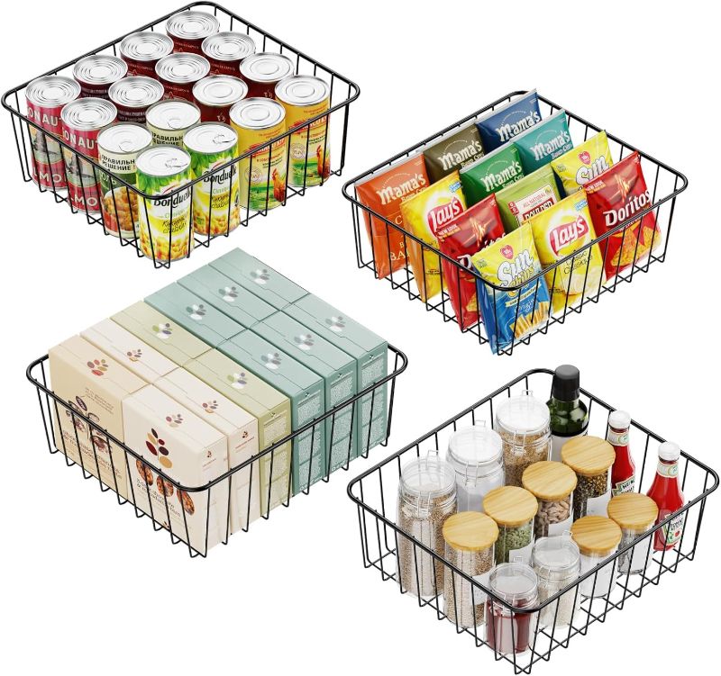 Photo 1 of iSPECLE Tall Storage Cabinet Organizer - 4 Pack Pantry Baskets for 30 to 32 inch Wide Tall Cabinet Sort and Easily Get High-placed Items, Sturdy Wire Basket Stop Items Falling out, Black