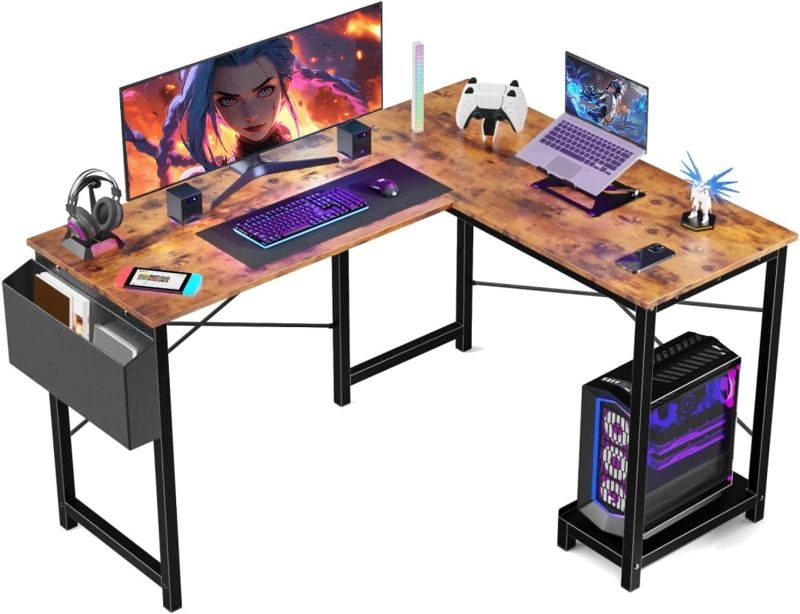 Photo 1 of ** SIMILAR TO IMAGE, NO HARDWARE**
L-Shaped Wooden PC Desk for Gaming and Work - 50 Inch Writing Space-Saving Corner Table with CPU Storage Shelf, Side Bag, Home, Office, Black